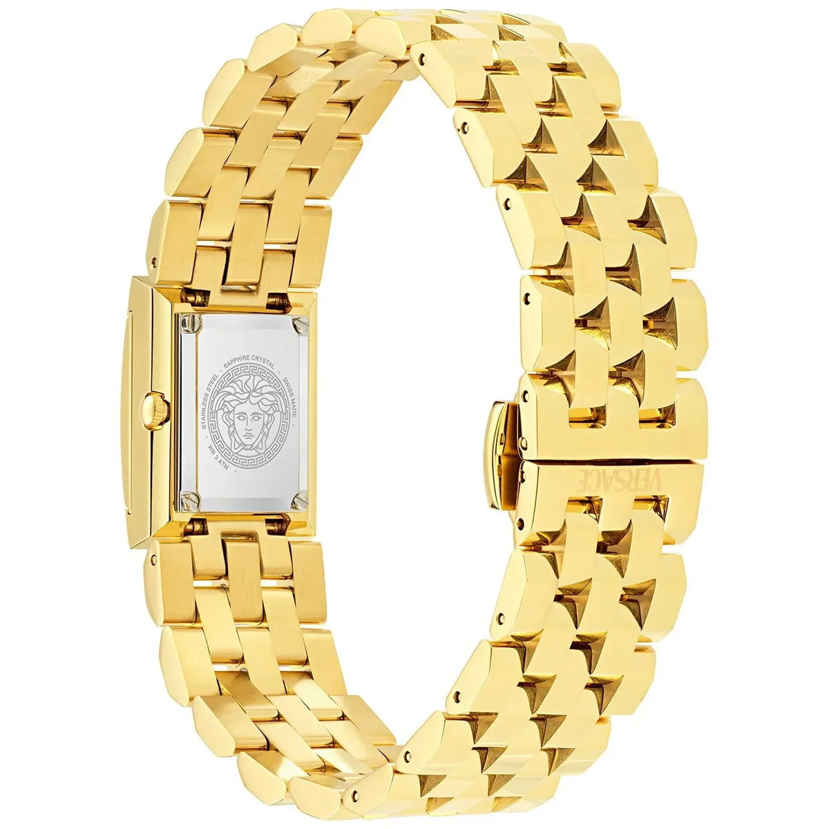 Side view of Versace Reveal watch showing gold-tone stainless steel bracelet and case back