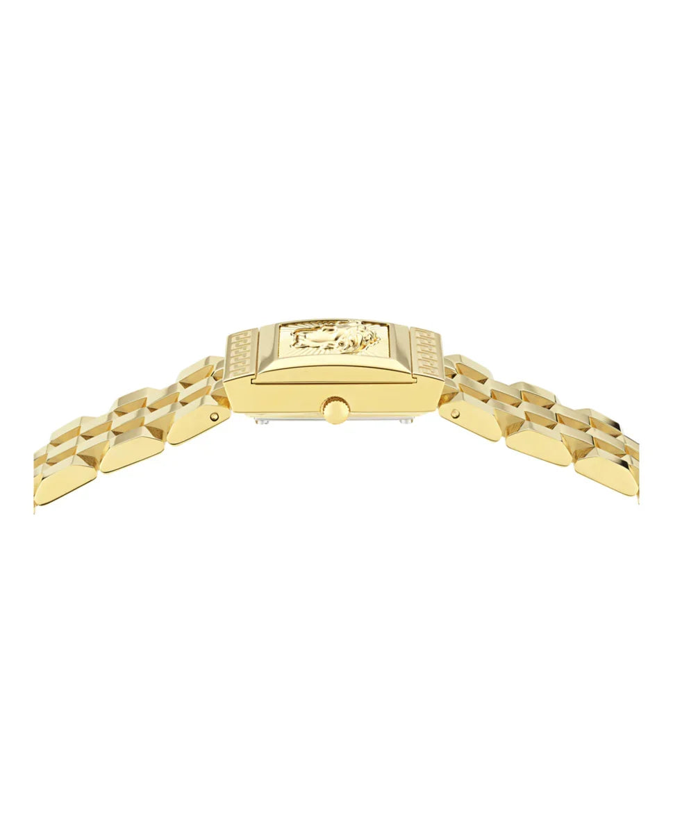 Close-up of Versace Reveal gold-tone stainless steel bracelet with geometric link pattern
