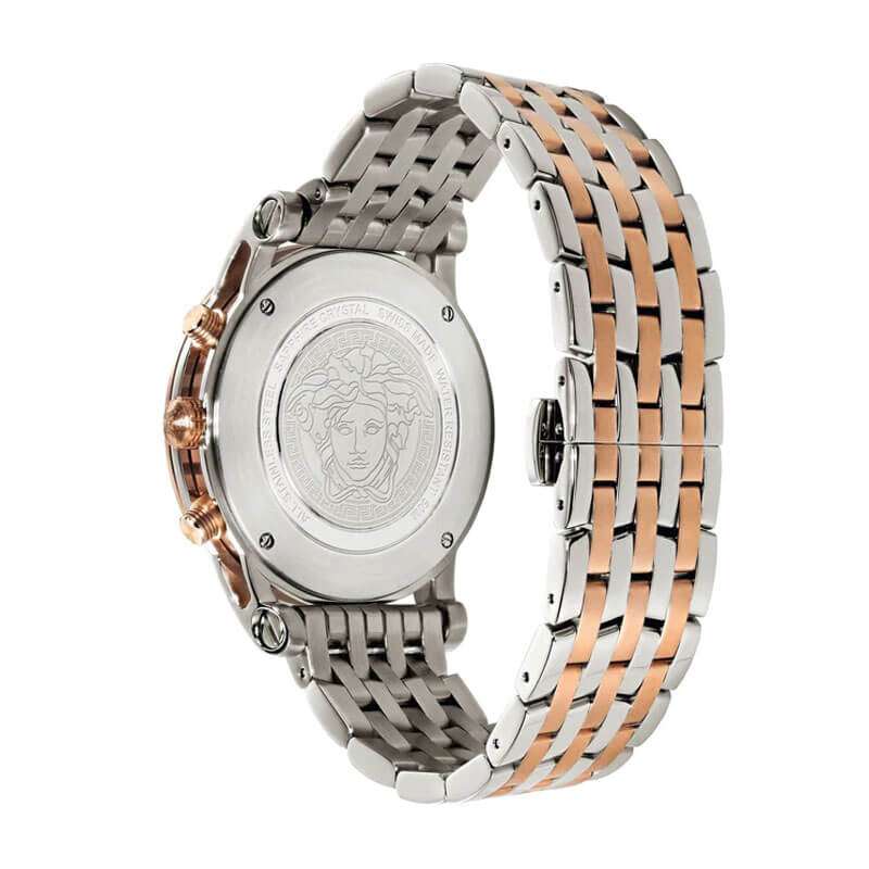 Versace Sport Tech caseback showing engraved Medusa head logo on stainless steel back