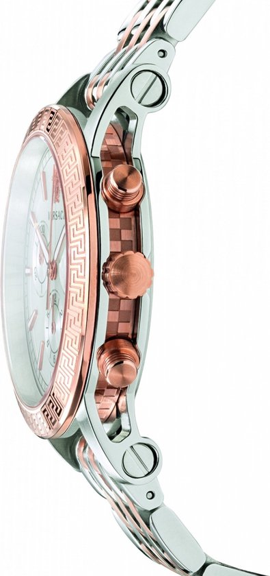 Versace Sport Tech watch side view showing rose gold bezel, chronograph pushers and two-tone bracelet
