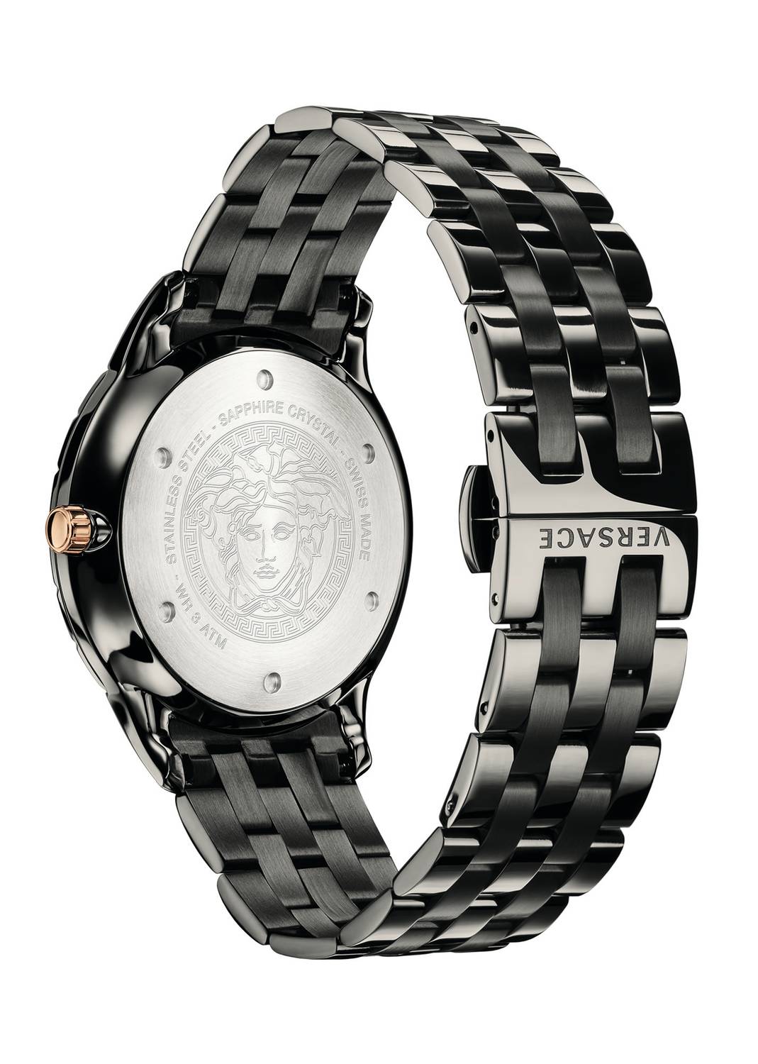 Caseback of Versace Univers GMT with Medusa emblem and stainless steel two-tone bracelet