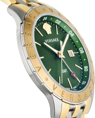 Versace Univers GMT watch angled view with green dial and gold bezel