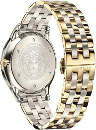 Versace Univers GMT watch caseback showing silver case and two-tone bracelet