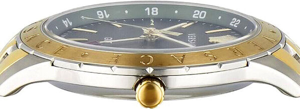 Versace Univers GMT dial detail showing GMT hand, numerals, and gold bezel
