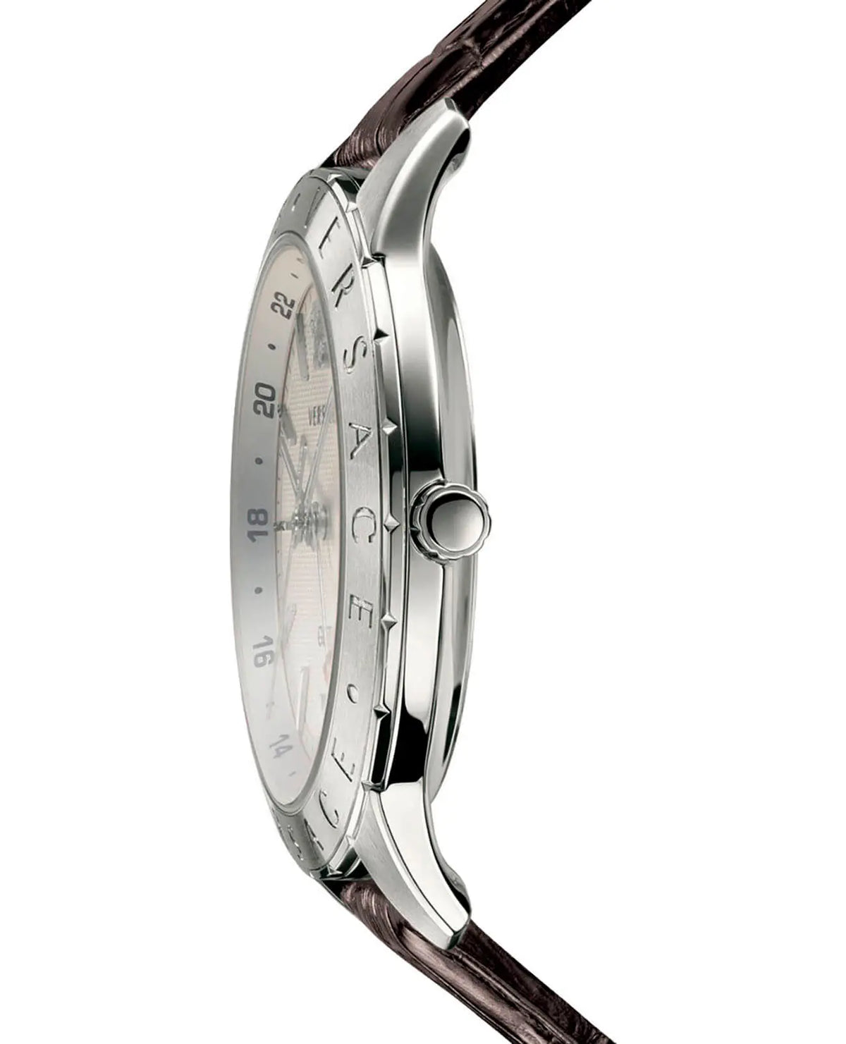 Side profile of Versace Univers watch showing stainless steel case and brown leather band