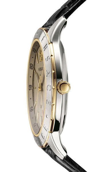 Side angle of Versace Univers watch showing two-tone case with gold accents and black leather strap