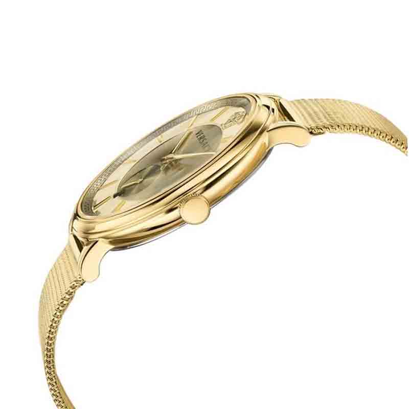 Versace Urban Gent Chrono yellow gold watch shown from side angle with mesh band