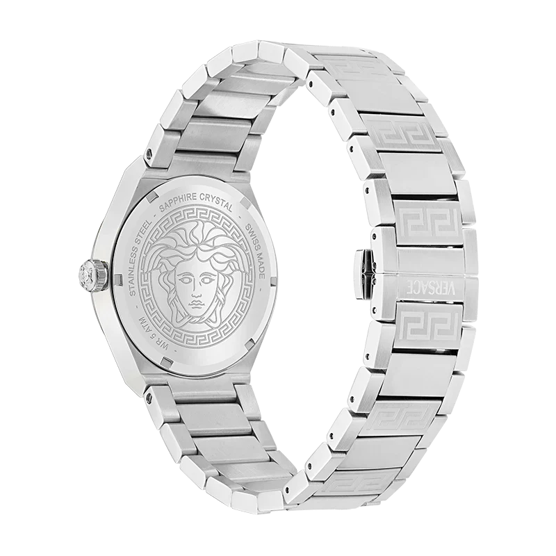 Versace V-Auria watch displayed at angle showing turquoise dial and full bracelet