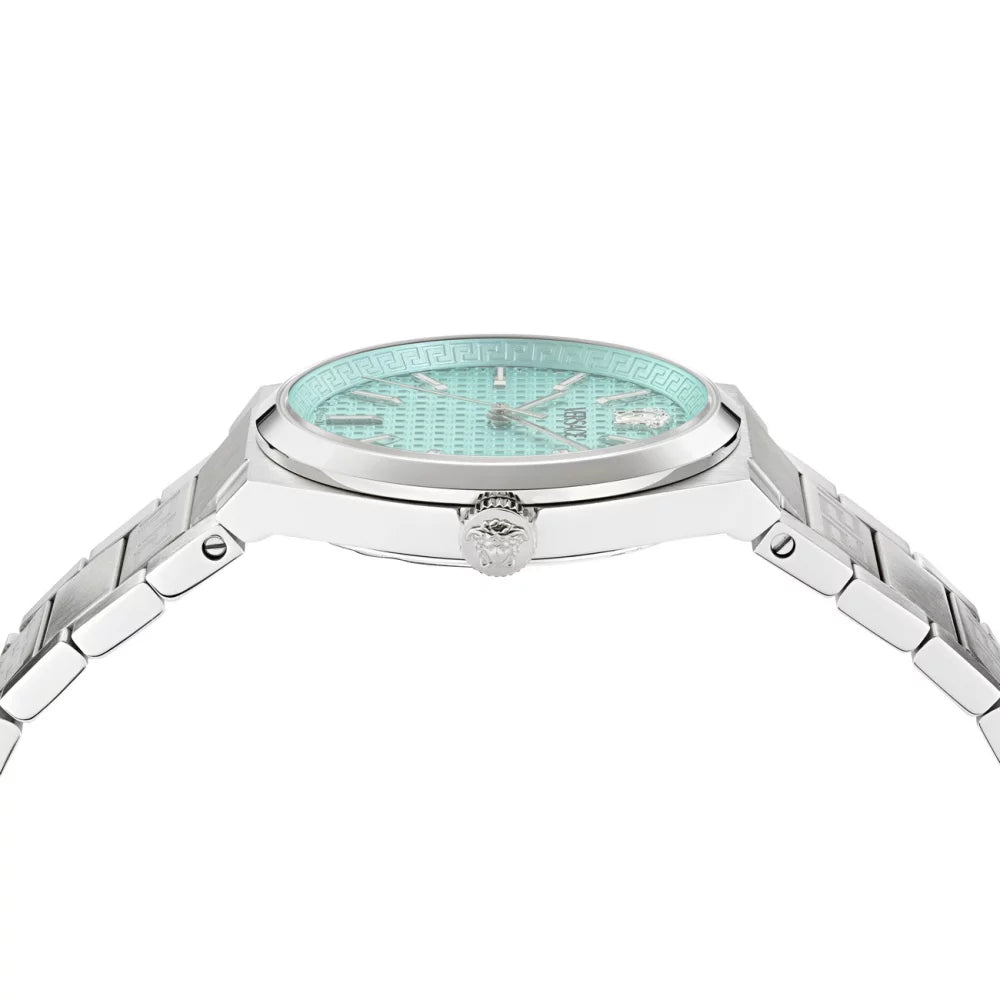 Side view of Versace V-Auria watch showing silver steel bracelet and case profile