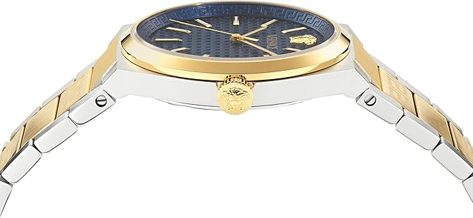 Side angle view of Versace V-Auria watch with two-tone bracelet