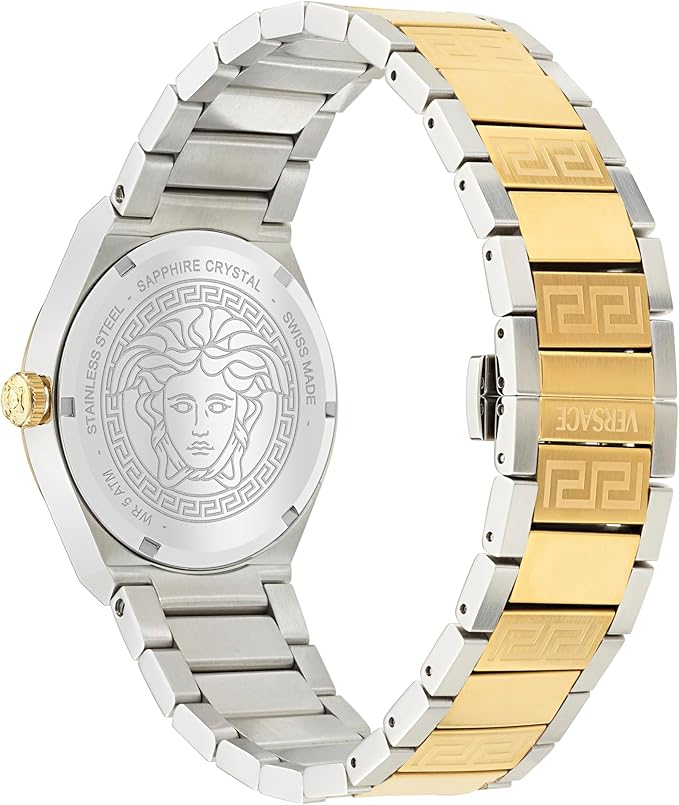 Versace V-Auria caseback showing sapphire crystal and medusa motif