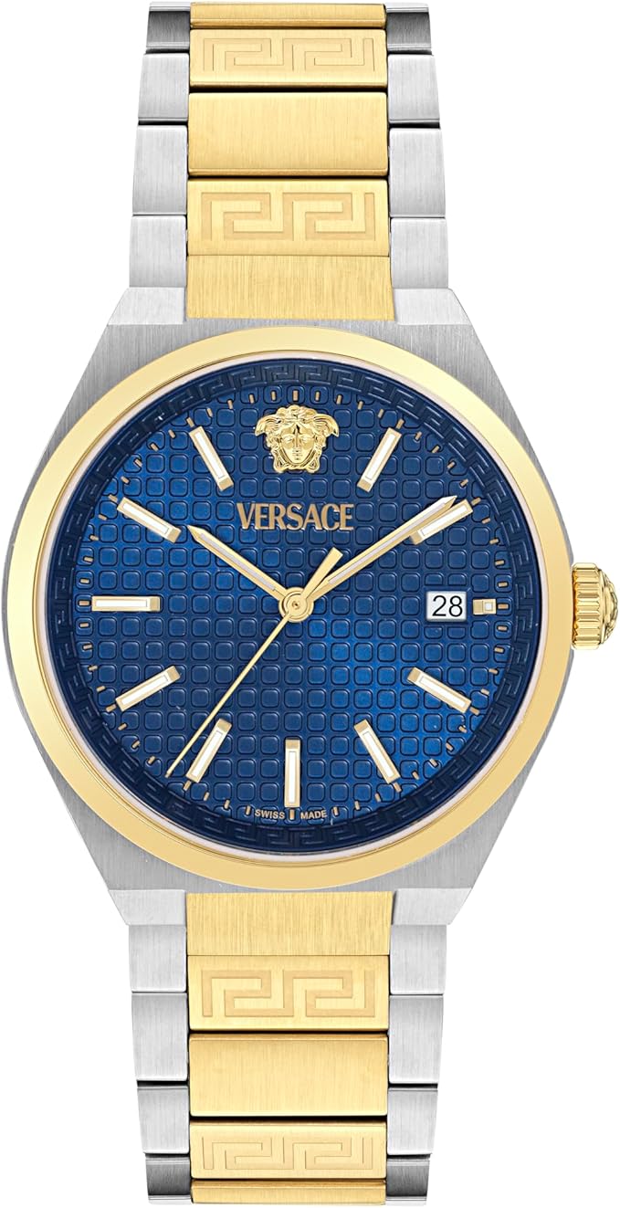 Versace V-Auria blue dial quartz watch with two-tone gold and steel strap