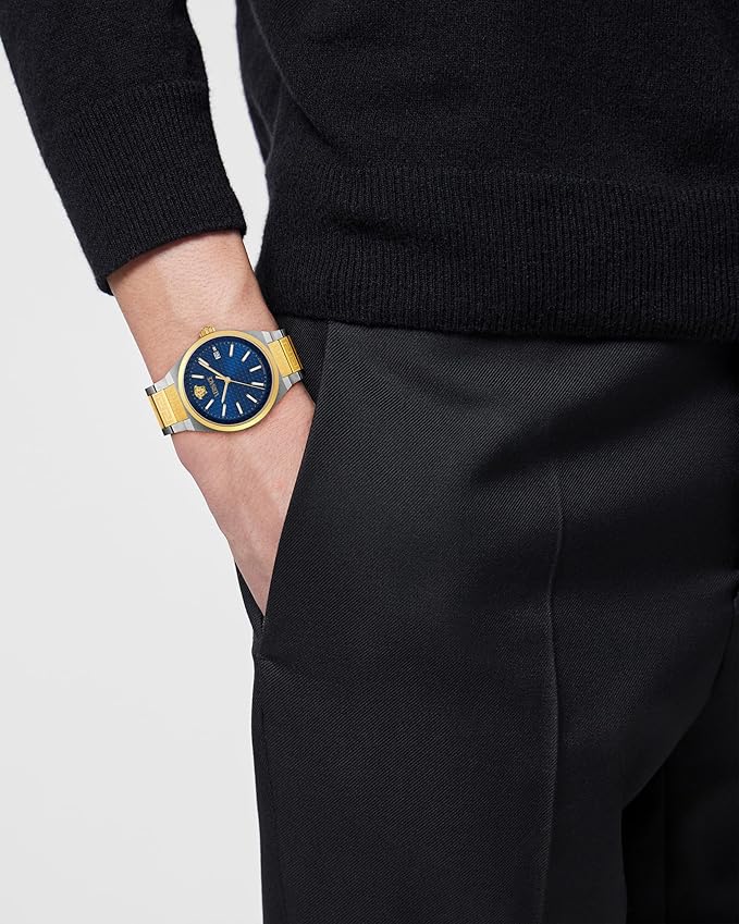 Versace V-Auria watch worn on wrist, blue dial with two-tone strap