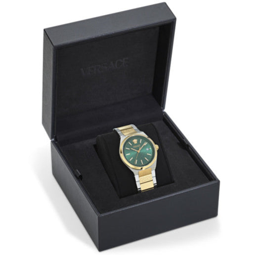 Versace V-Auria watch in black presentation box with Versace branding