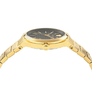 Side profile of Versace V-Auria watch with gold-tone steel bracelet