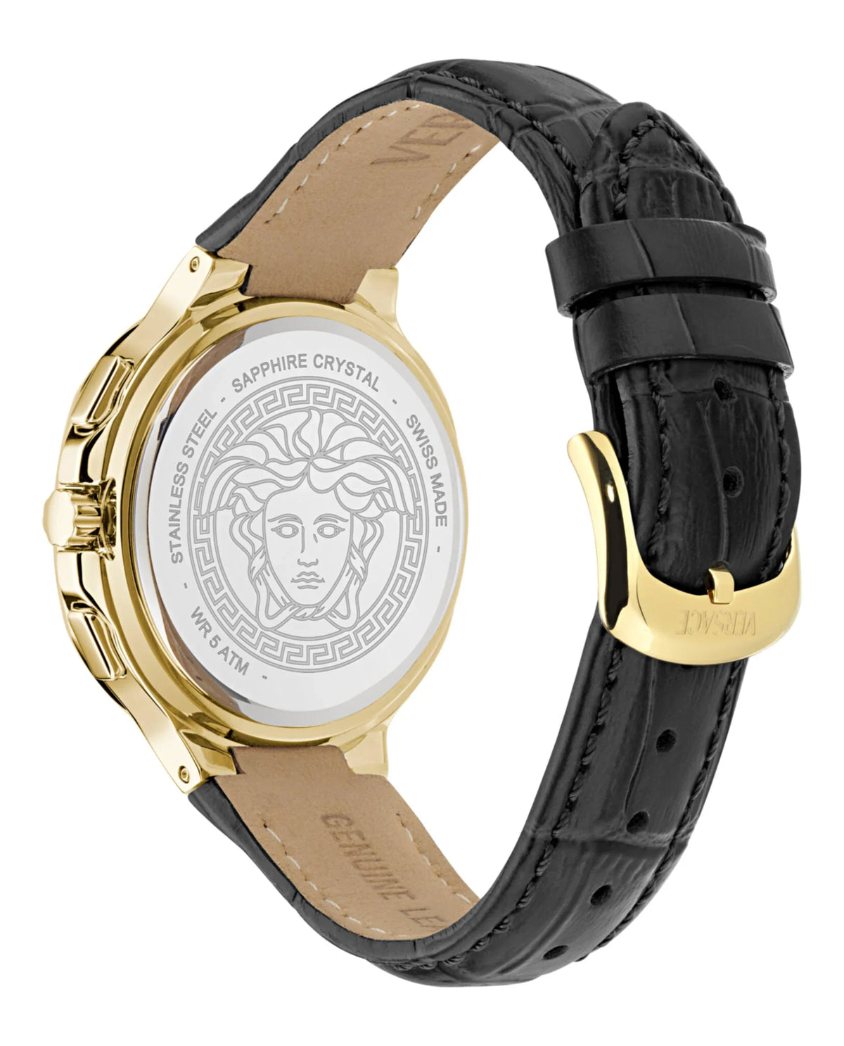 Versace V-Chrono Square watch on wrist showing gold case and black crocodile-pattern strap