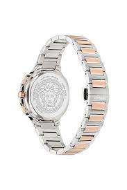 Side profile view of Versace V-Chrono Square watch showing case thickness and bracelet