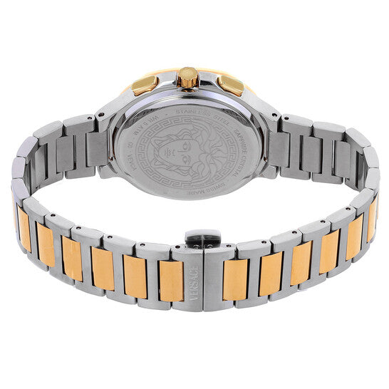Case back of Versace V-Chrono Square watch showing Medusa emblem and dual-tone bracelet