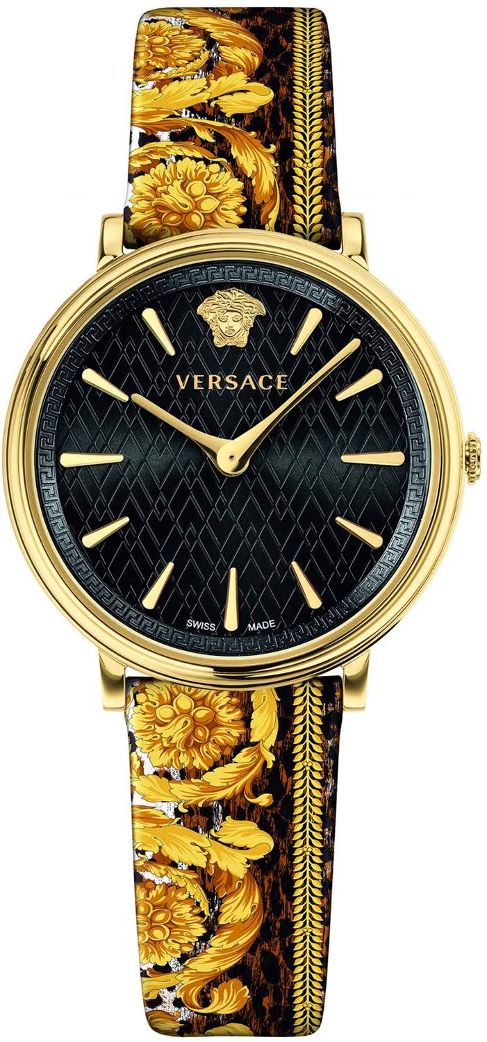 Versace V-Circle watch with black dial, gold-tone case, and gold ornamental leather strap front view