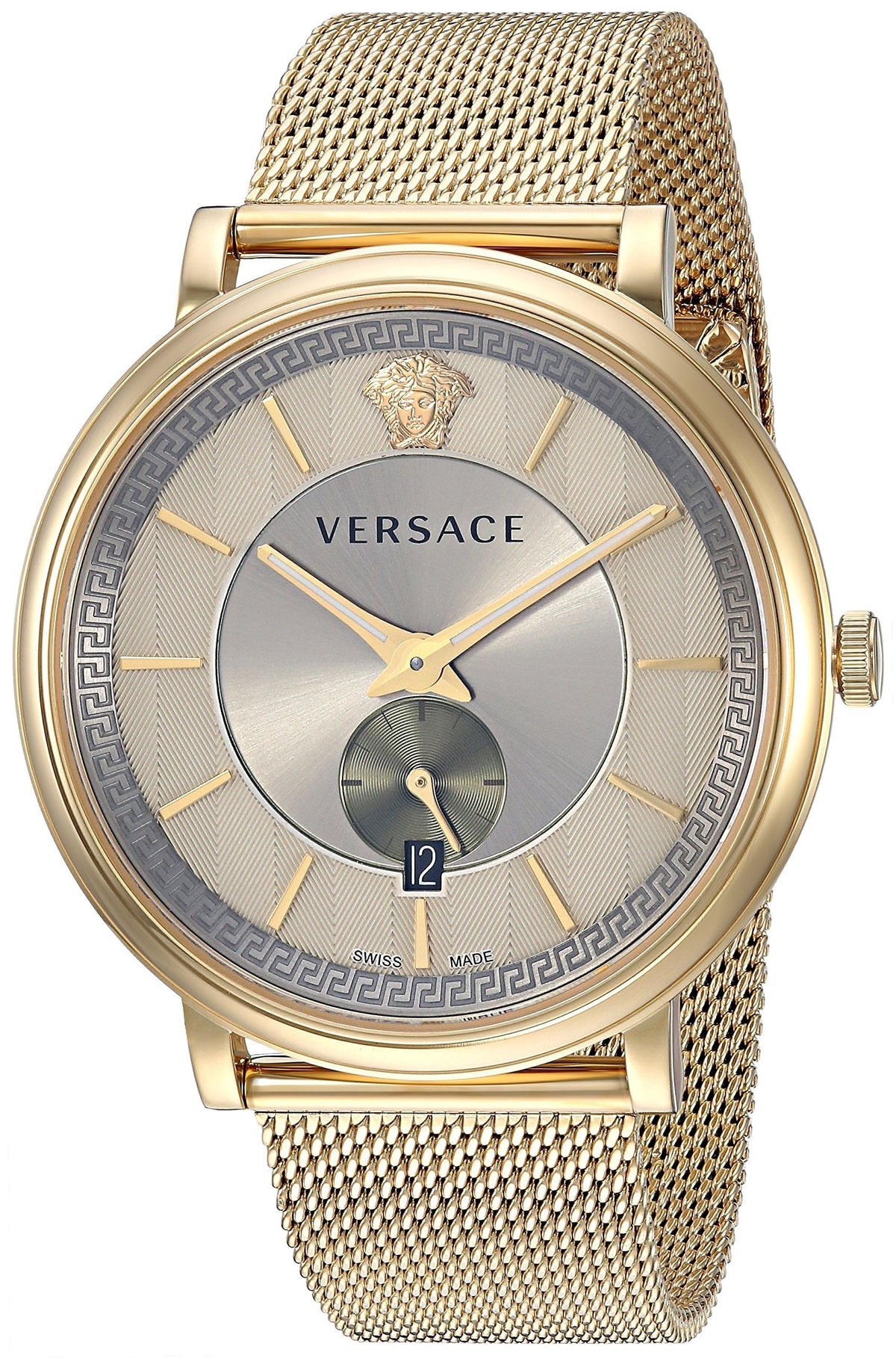 Versace V-Circle watch front view showing GMT dial with small seconds subdial and mesh bracelet