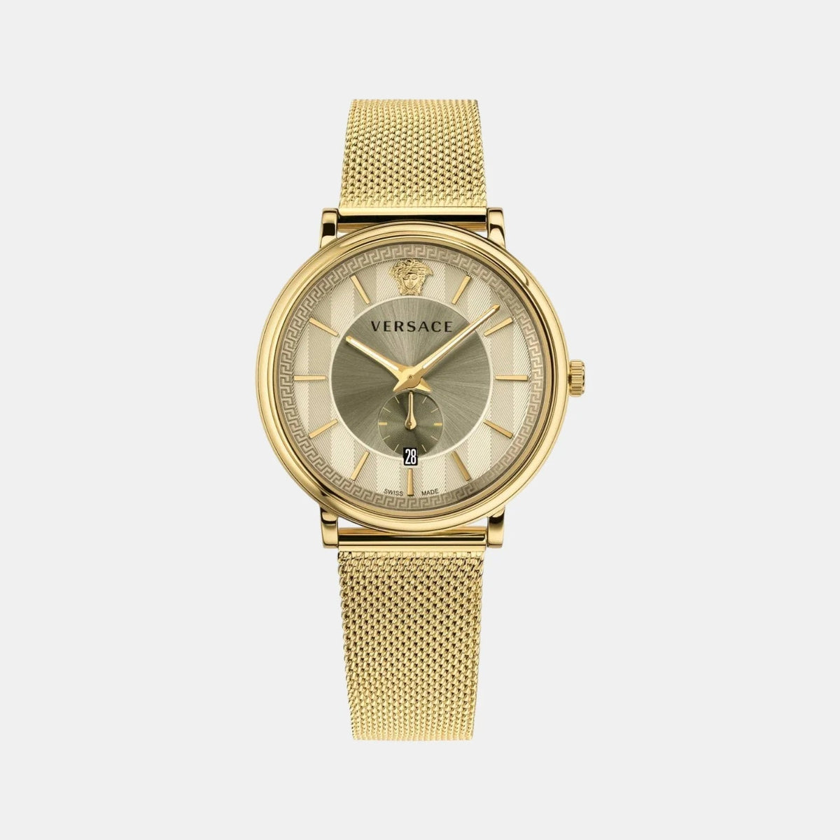 Versace V-Circle automatic men's watch with yellow gold mesh bracelet and grey dial with subdial