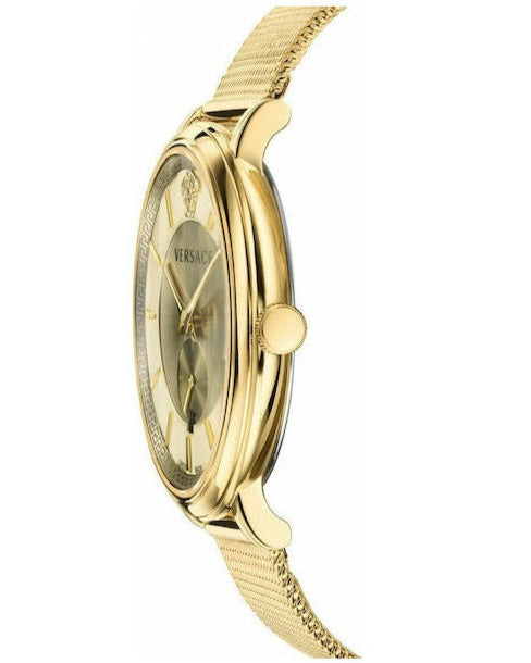 Versace V-Circle watch side profile showing case thickness and yellow gold mesh bracelet