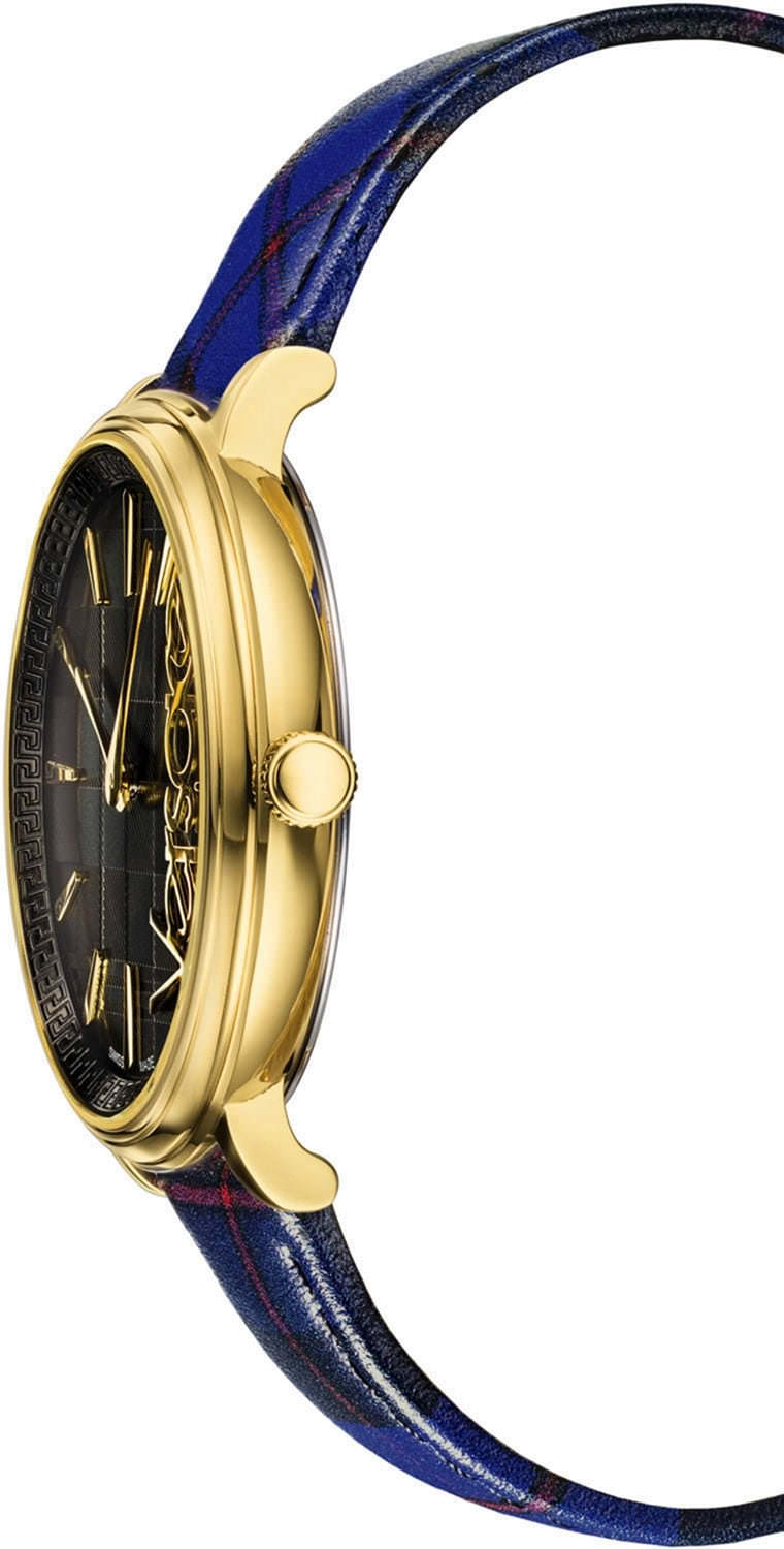 Versace V-Circle side profile showing gold-tone case thickness and blue tartan leather strap