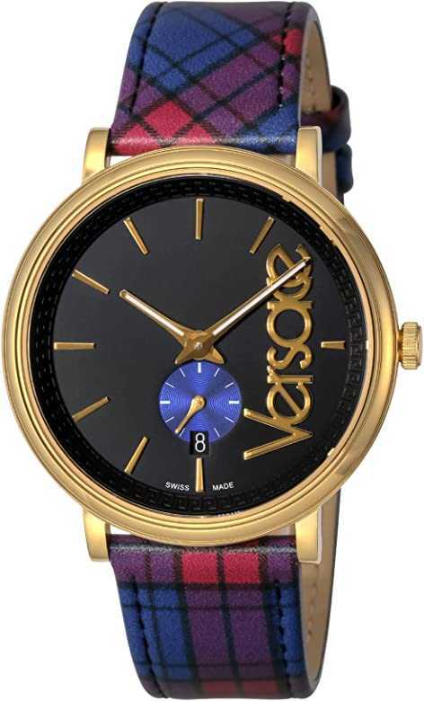 Versace V-Circle watch at angle showing multicolor plaid strap and gold-tone case