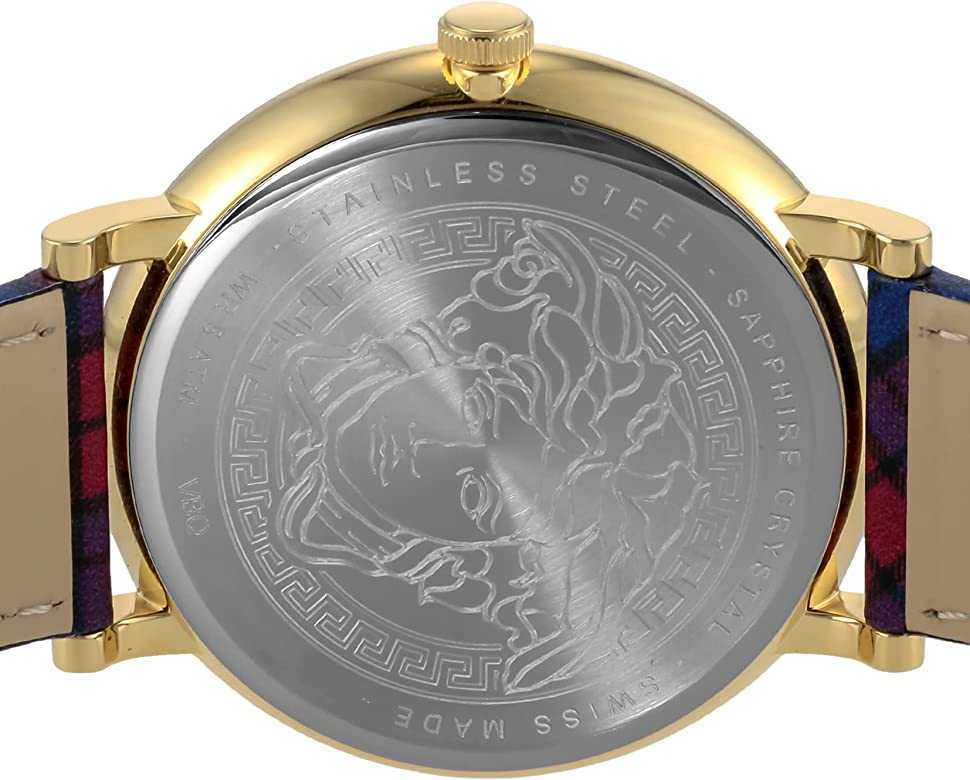 Versace V-Circle caseback with engraved Medusa design and stainless steel text