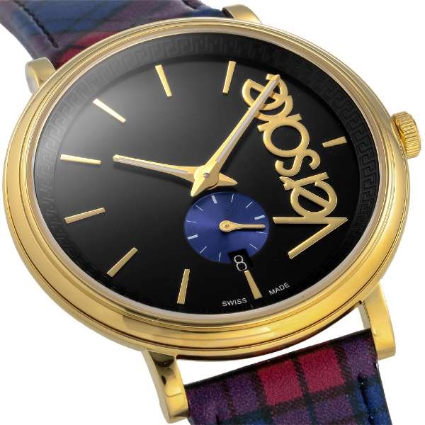 Versace V-Circle dial detail with gold-tone indices, Versace logo, and blue subdial