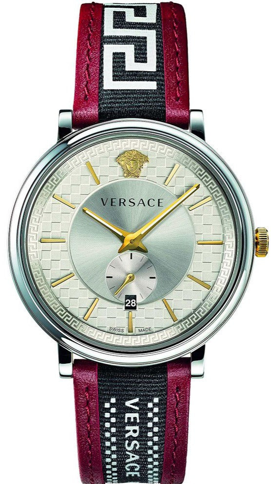 Versace V Circle watch with silver dial, gold hands, and burgundy/black leather strap
