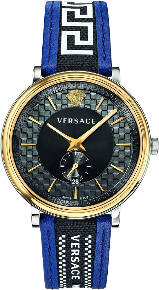 Versace V-Circle black dial watch with blue leather strap and gold bezel, Medusa logo visible