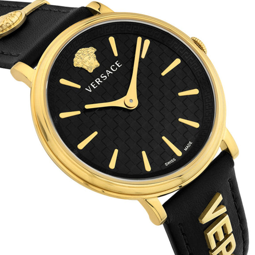 Angled view of Versace V Circulus watch showing black dial with gold hour markers, Versace logo, and leather strap