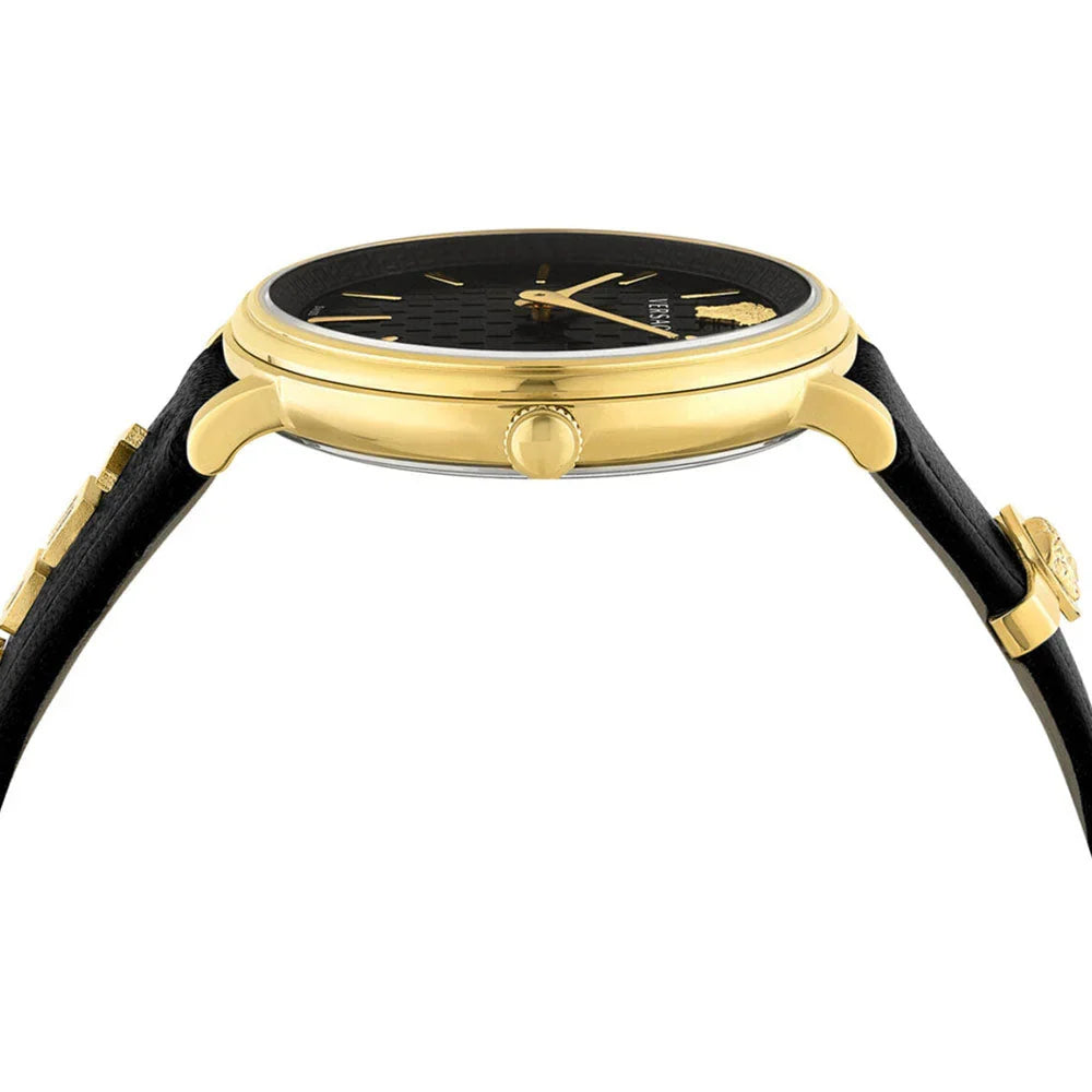 Side profile of Versace V Circulus watch displaying gold-tone case with crown and black leather strap