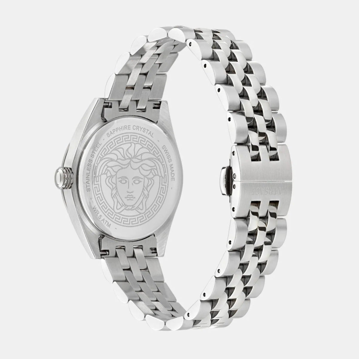 Caseback of Versace V-Code watch showing Medusa medallion and stainless steel bracelet