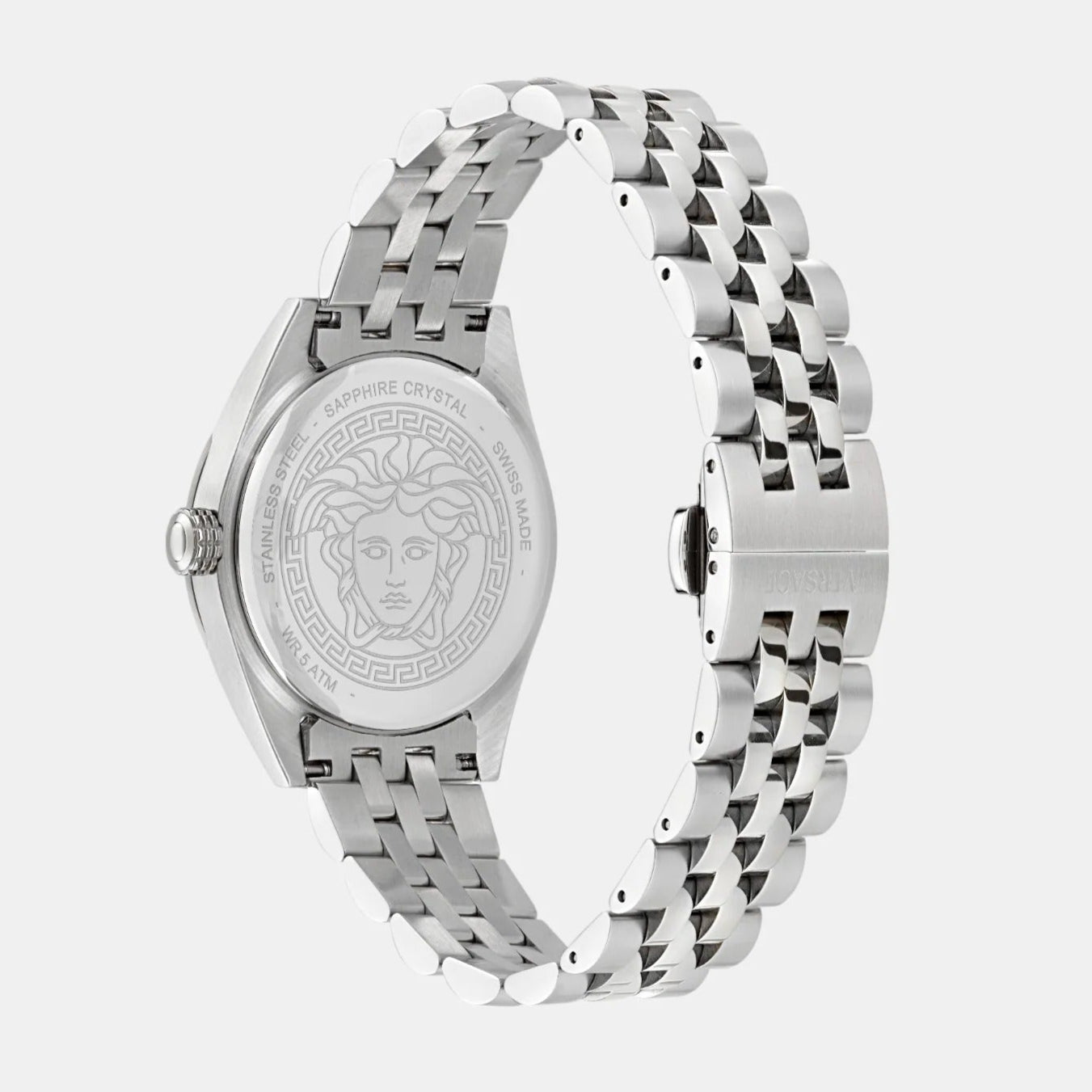 Caseback of Versace V-Code watch showing Medusa medallion and stainless steel bracelet
