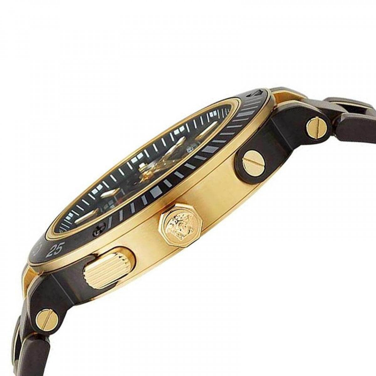 Side angle view of Versace V-Extreme Pro watch showing chronograph subdials, gold bezel, and two-tone bracelet