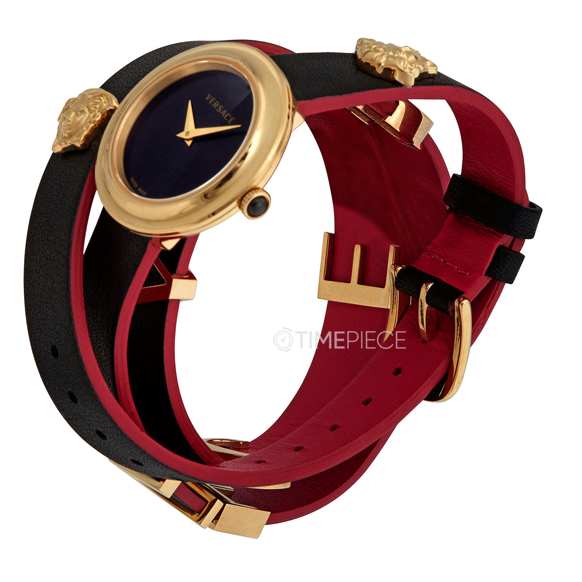 Versace V-Flare watch on wrist displaying black dial, gold case, and dual-color leather wrap strap with gold accents