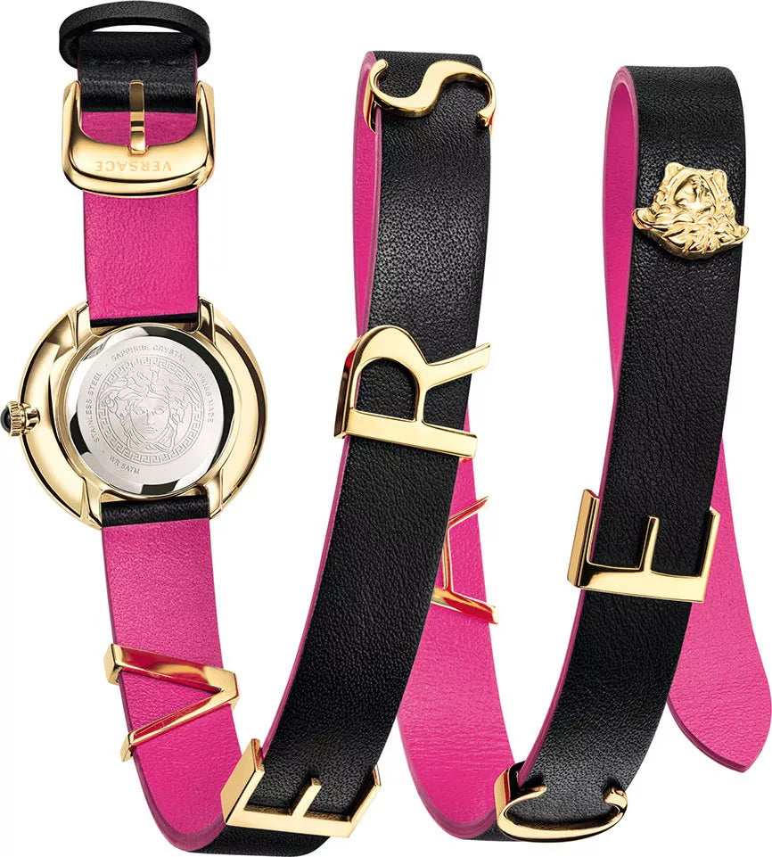 Versace V-Flare wrap-around leather strap in black and magenta with gold buckle and Medusa medallion detail
