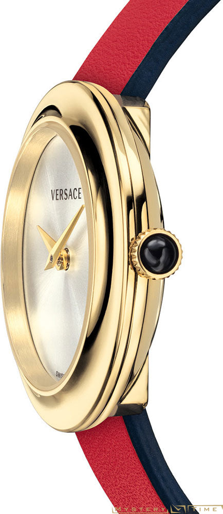 Side profile of Versace V-Flare case showing ridged gold-tone bezel and red leather strap