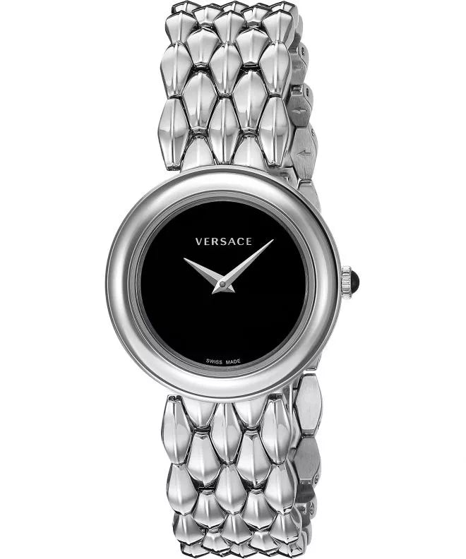 Versace V-Flare watch at angle showing round black dial and silver linked bracelet