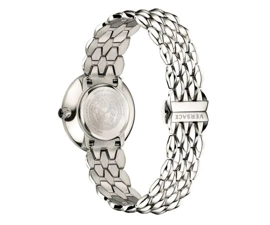 Versace V-Flare caseback view showing silver bracelet and case construction