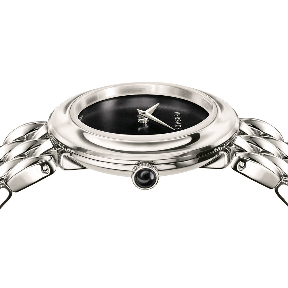 Close-up of Versace V-Flare dial showing black face and silver case with crown
