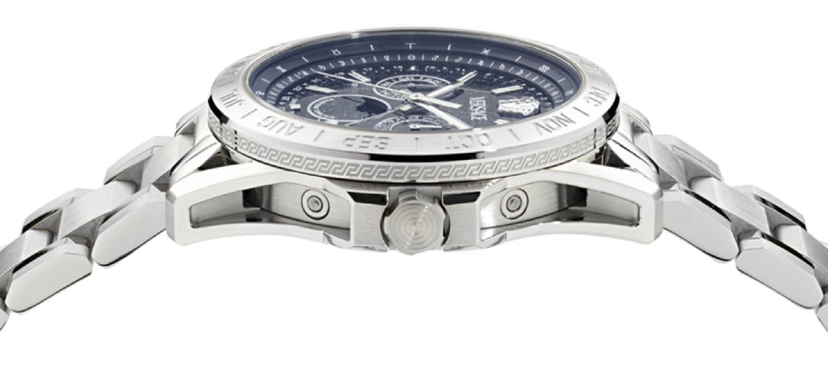 Versace V-Galaxy Moonphase side profile showing stainless steel case and bracelet