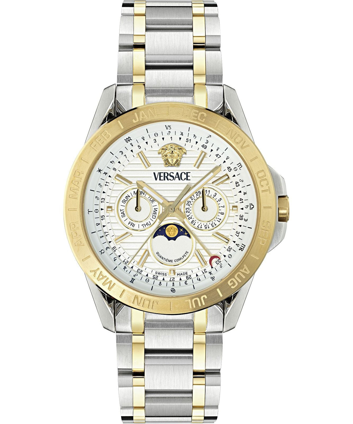 Versace V-Galaxy Moonphase Two Tone Stainless Steel White Dial Men’s Watch VE0K00225
