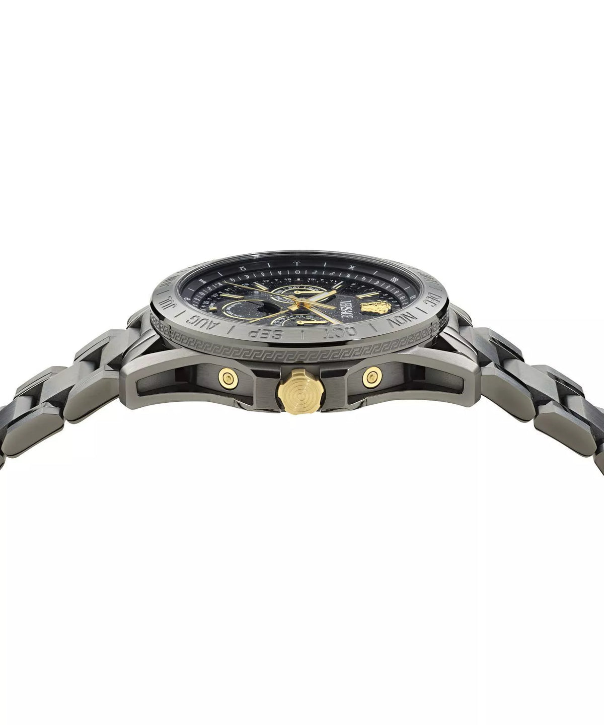 Side view of Versace V-Galaxy Moonphase watch showing case profile and bracelet