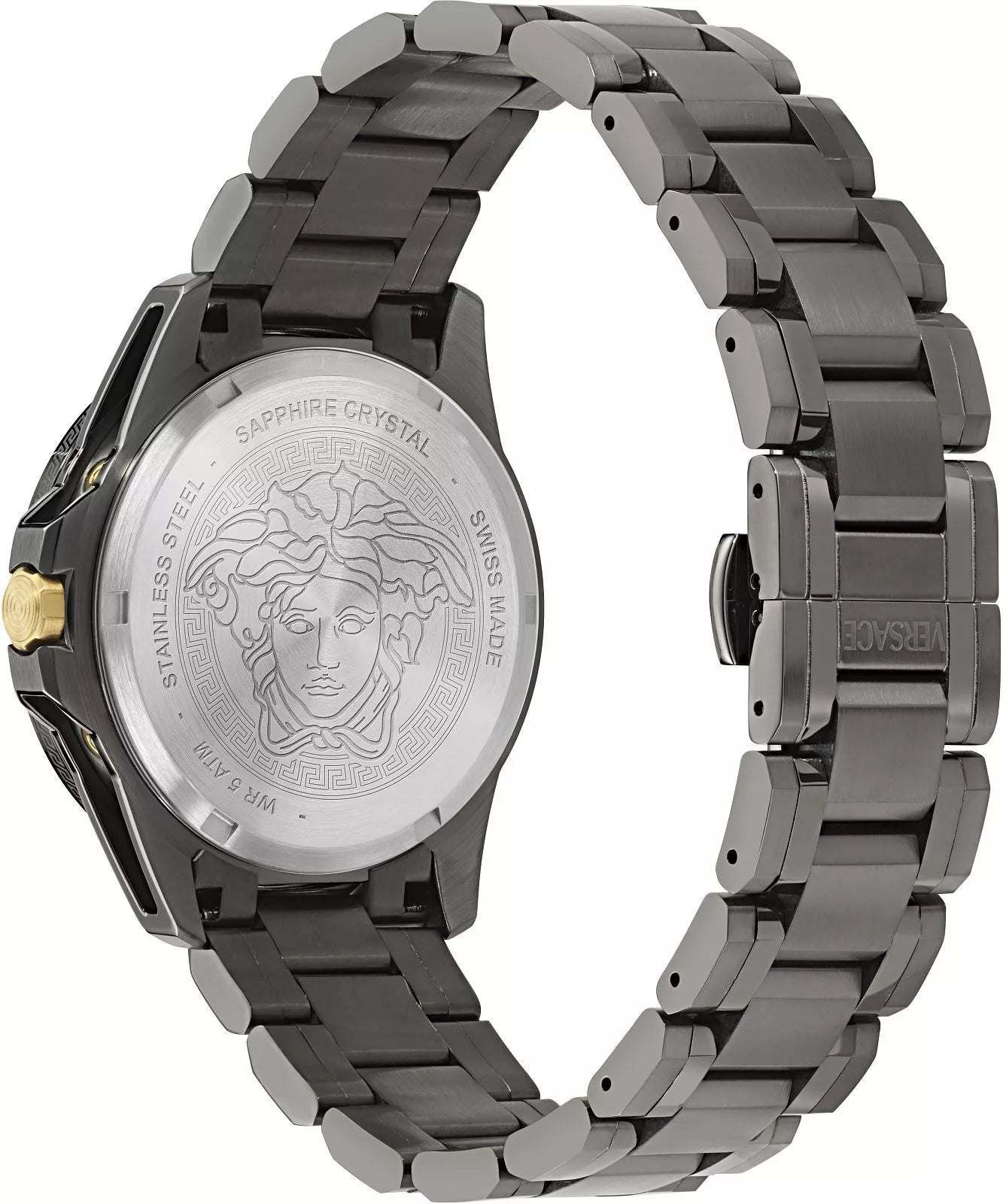 Versace V-Galaxy Moonphase caseback showing Medusa engraving and sapphire crystal