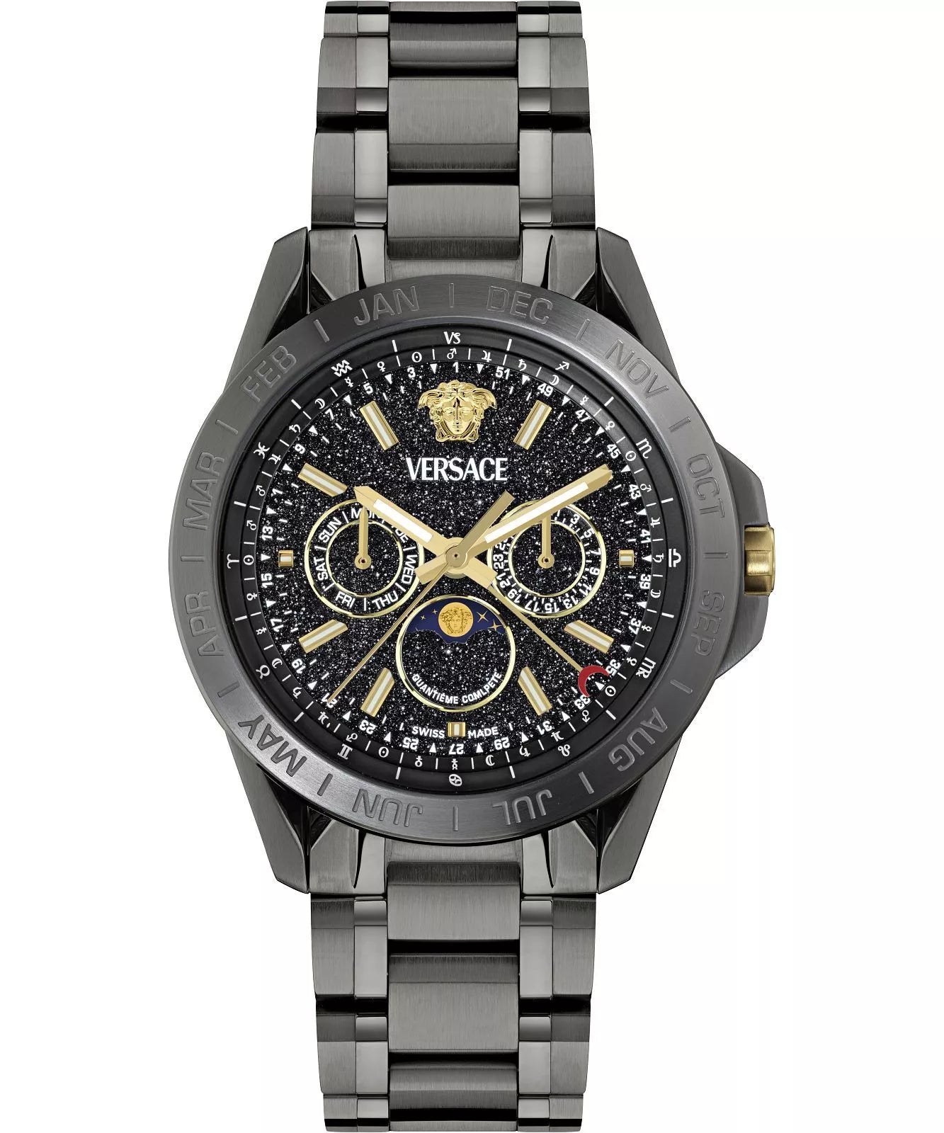 Versace V-Galaxy Moonphase black stainless steel men's watch with black dial and gold-tone subdials