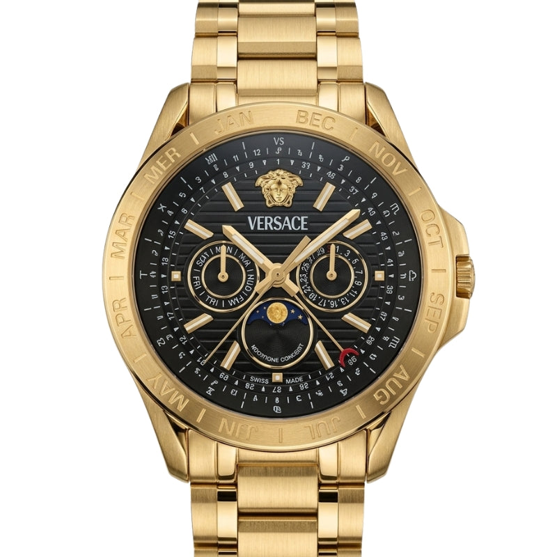 Versace V-Galaxy Moonphase Gold Steel Black Dial Bracelet Men’s Watch VE0K00425