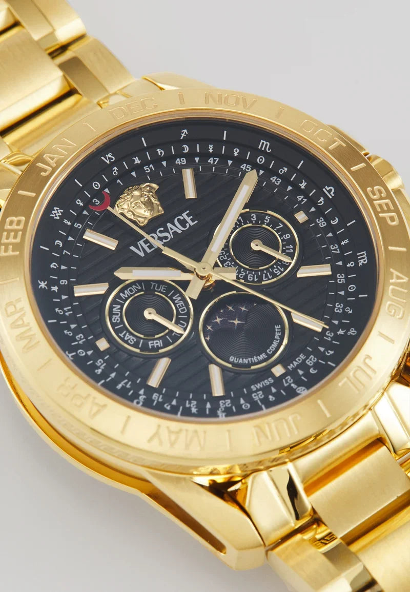 Versace V-Galaxy Moonphase Gold Steel Black Dial Bracelet Men’s Watch VE0K00425